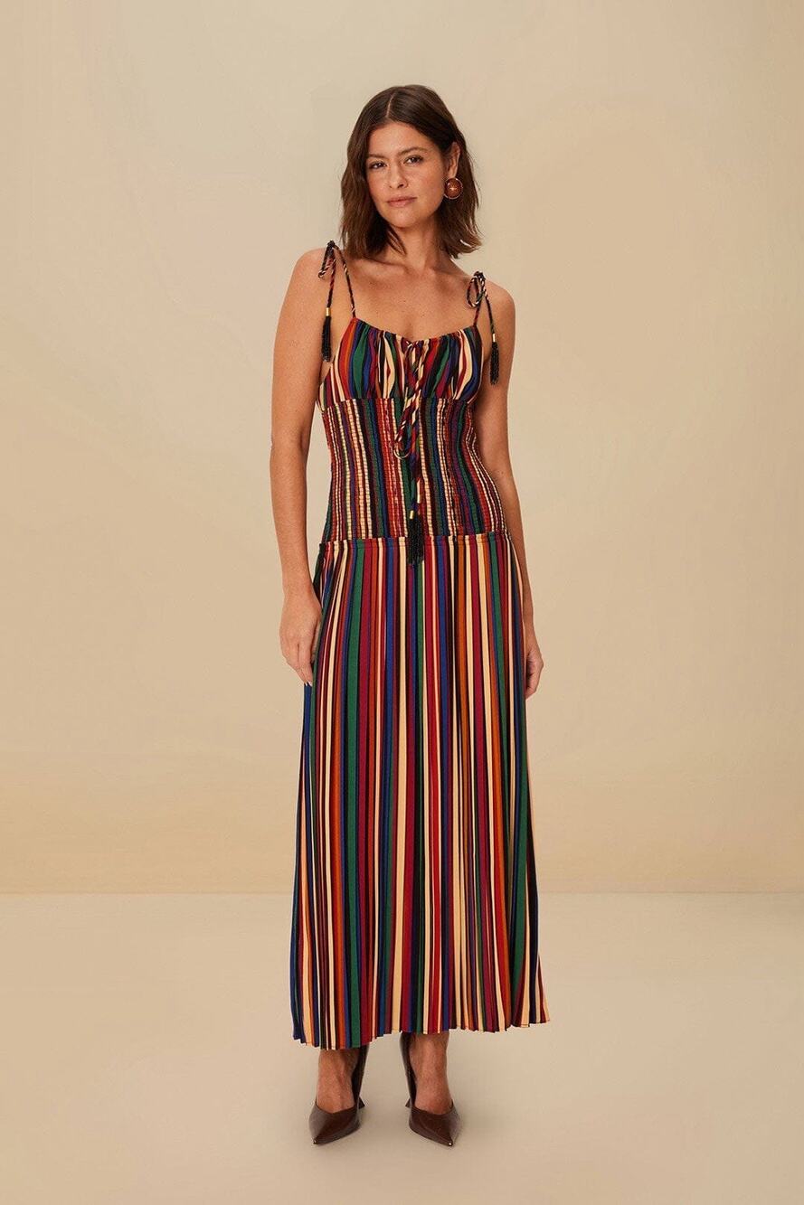 Farm Rio Pipa Colorful Striped Midi Dress Size M
